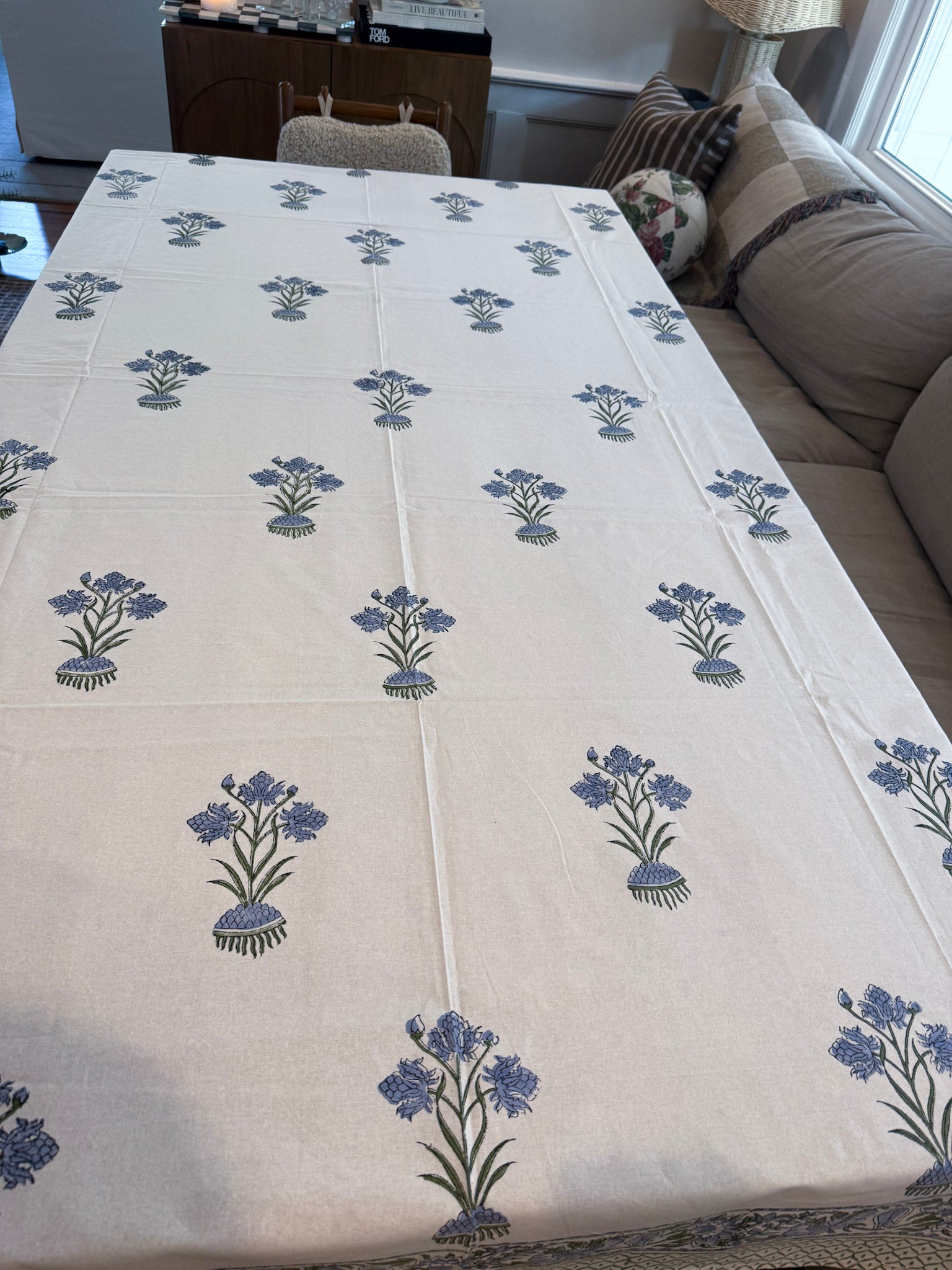 Soft Blue and Olive Block-Print Tablecloth