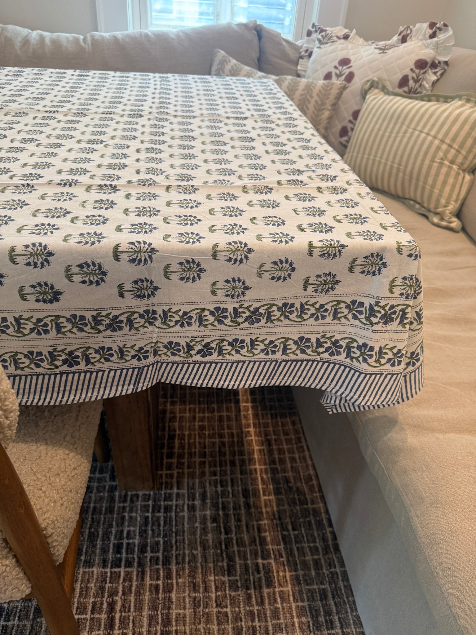 Indigo and Olive Block-Print Tablecloth
