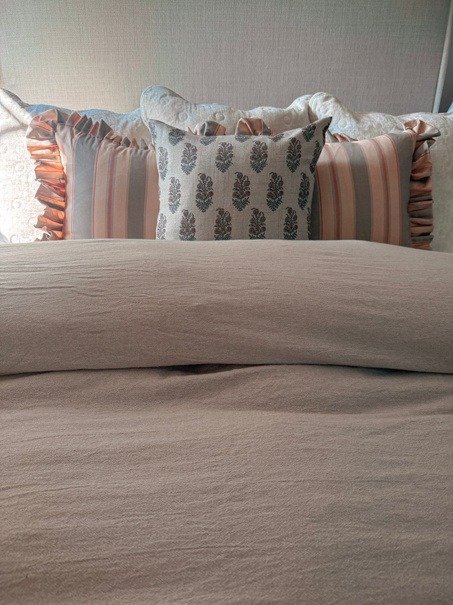 Olive and Sage Striped-Ruffle Pillow Cover 18x18in