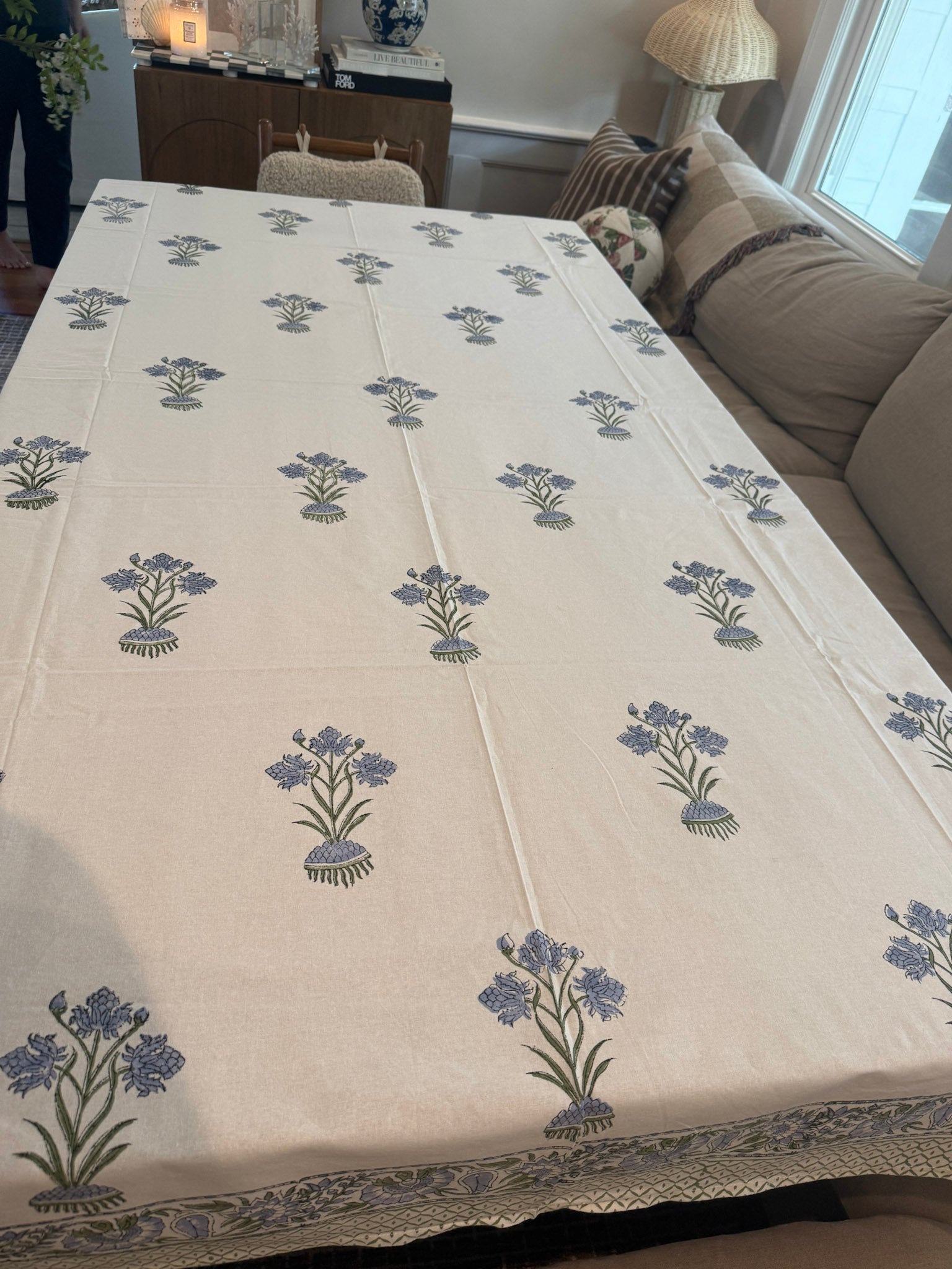 Soft Blue and Olive Block-Print Tablecloth