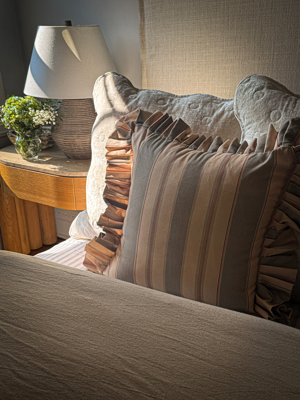Olive and Sage Striped-Ruffle Pillow Cover 18x18in