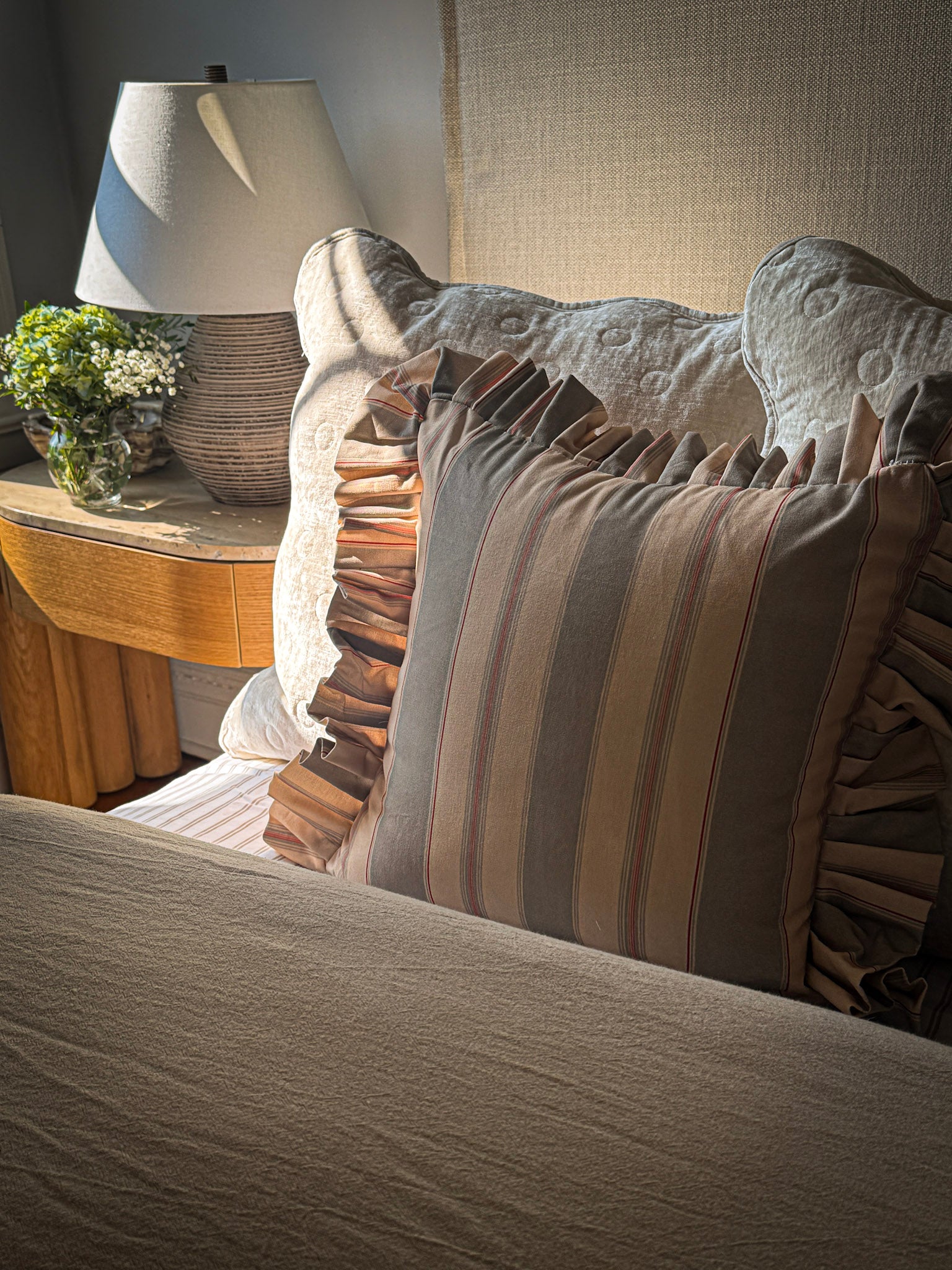 Olive and Sage Striped-Ruffle Pillow Cover 18x18in