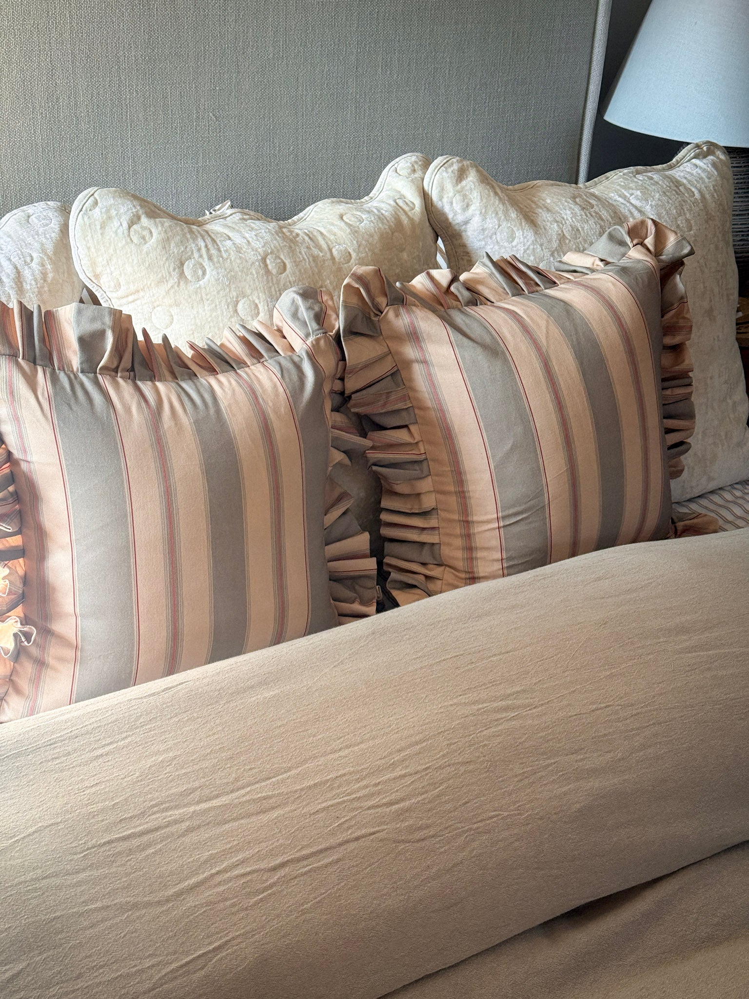 Olive and Sage Striped-Ruffle Pillow Cover 18x18in