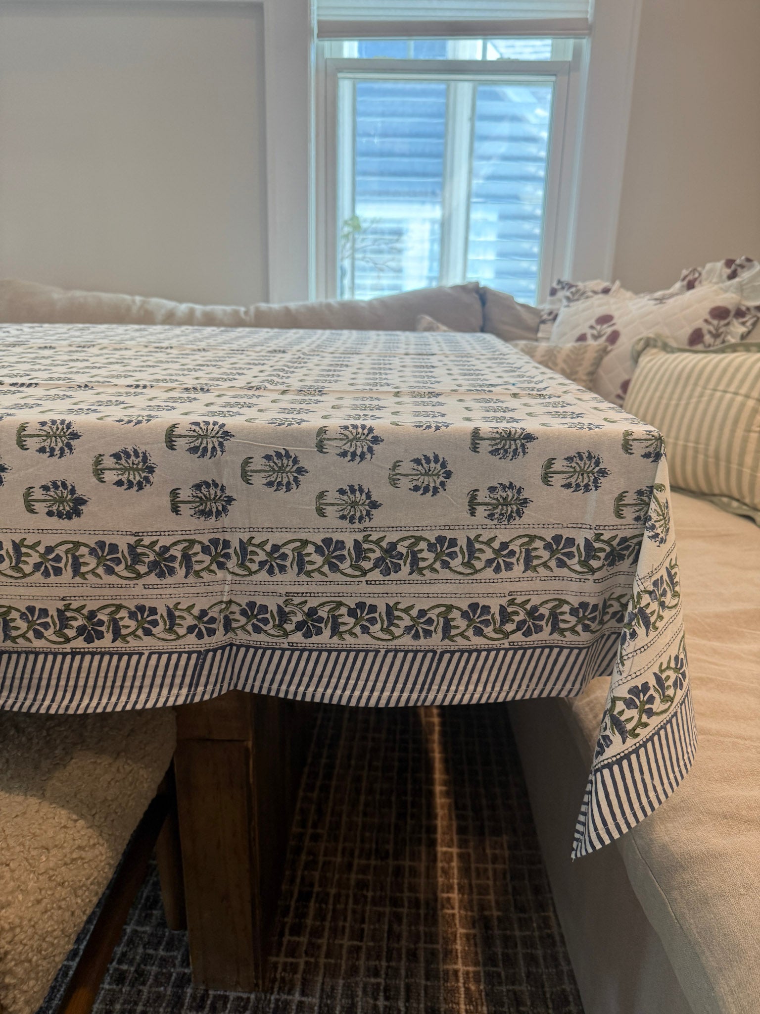 Indigo and Olive Block-Print Tablecloth