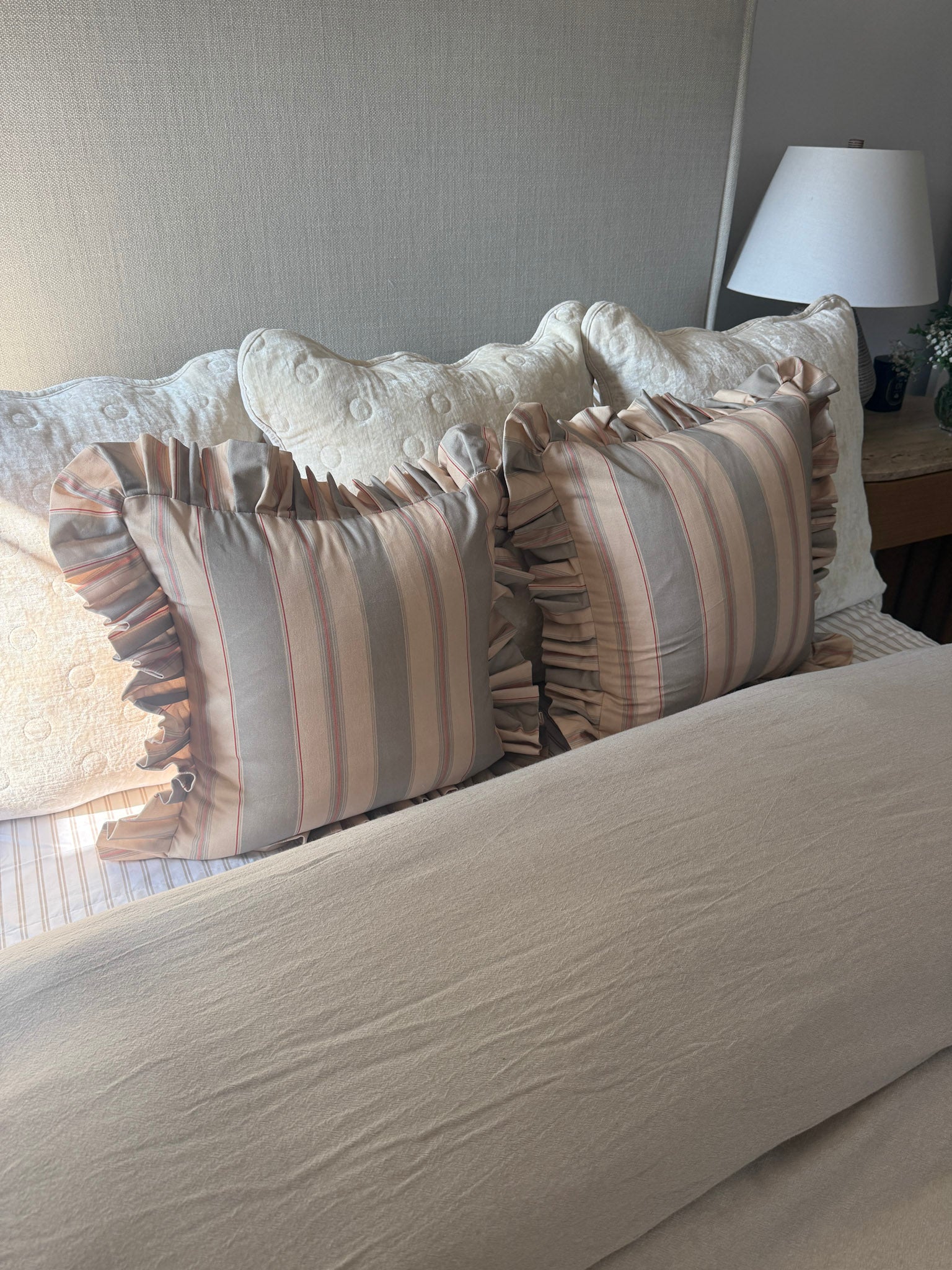 Olive and Sage Striped-Ruffle Pillow Cover 18x18in