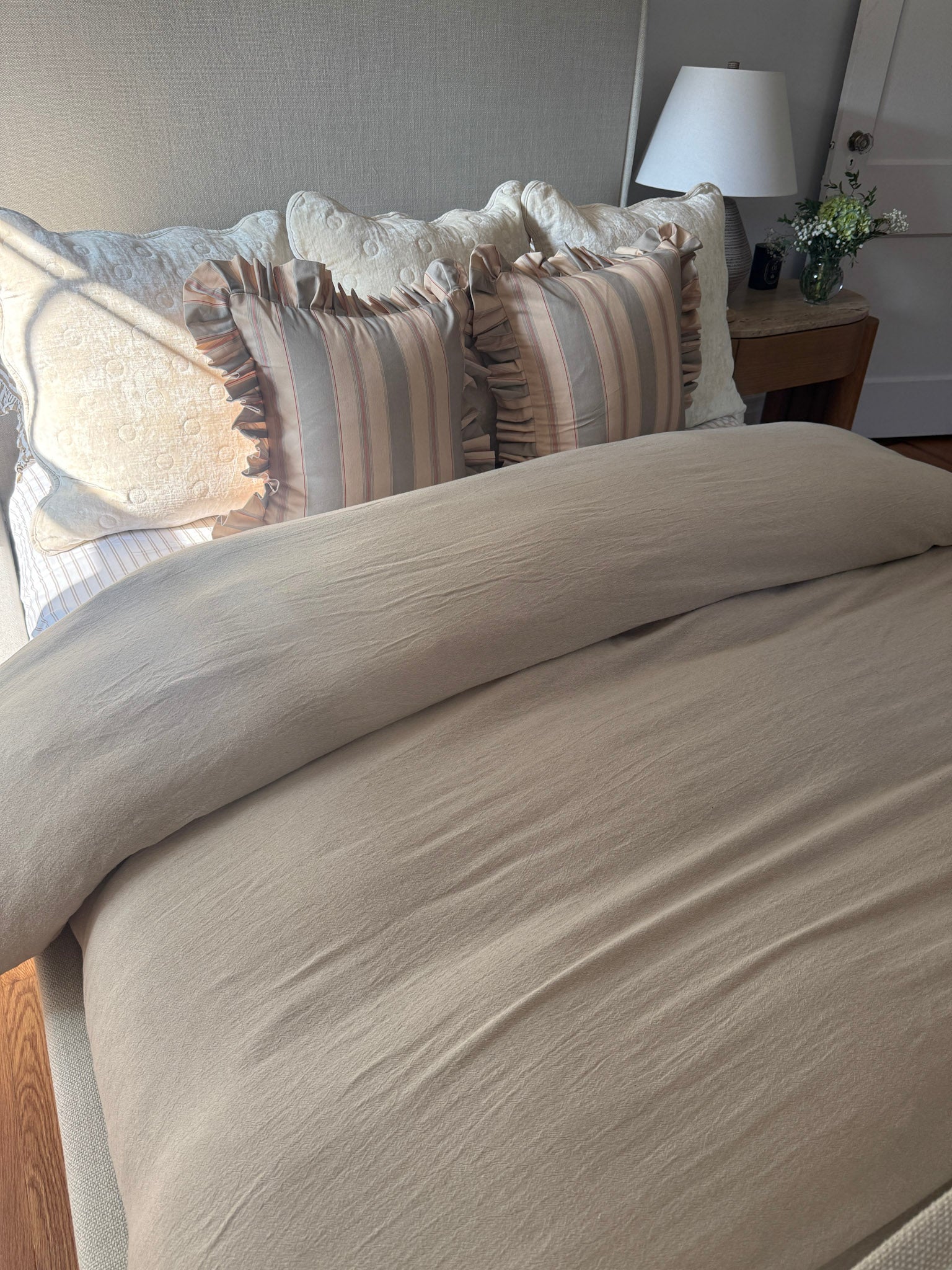 Olive and Sage Striped-Ruffle Pillow Cover 18x18in
