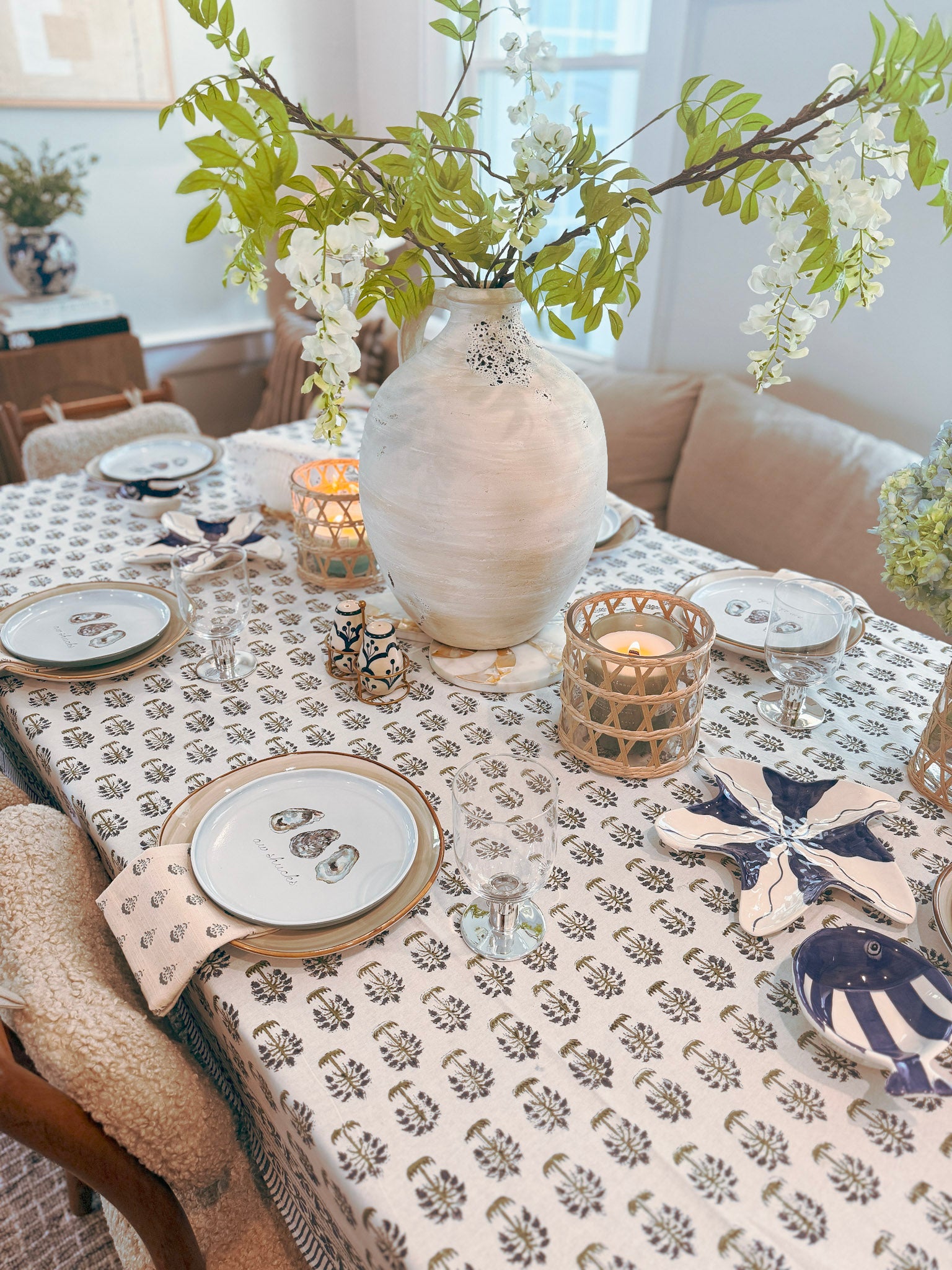 Indigo and Olive Block-Print Tablecloth
