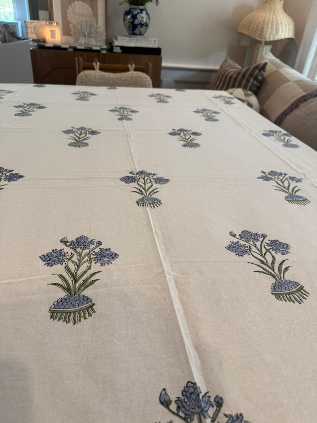 Soft Blue and Olive Block-Print Tablecloth