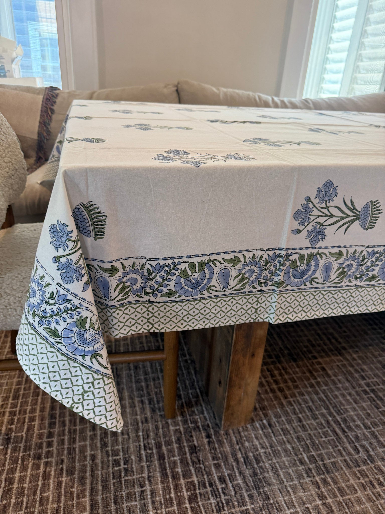 Soft Blue and Olive Block-Print Tablecloth
