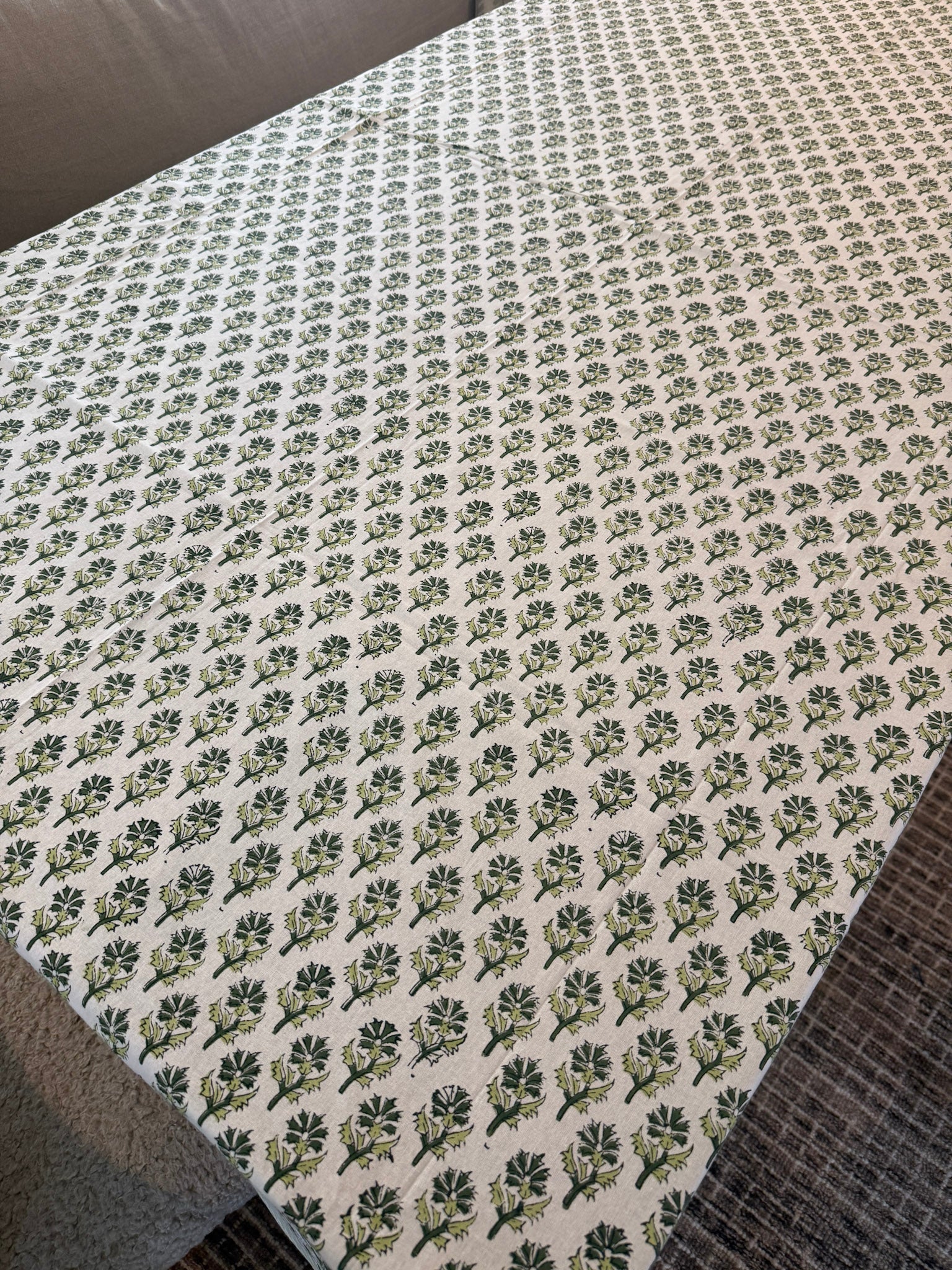 Leafy Block Print Motif Tablecloth Rich Green Tones