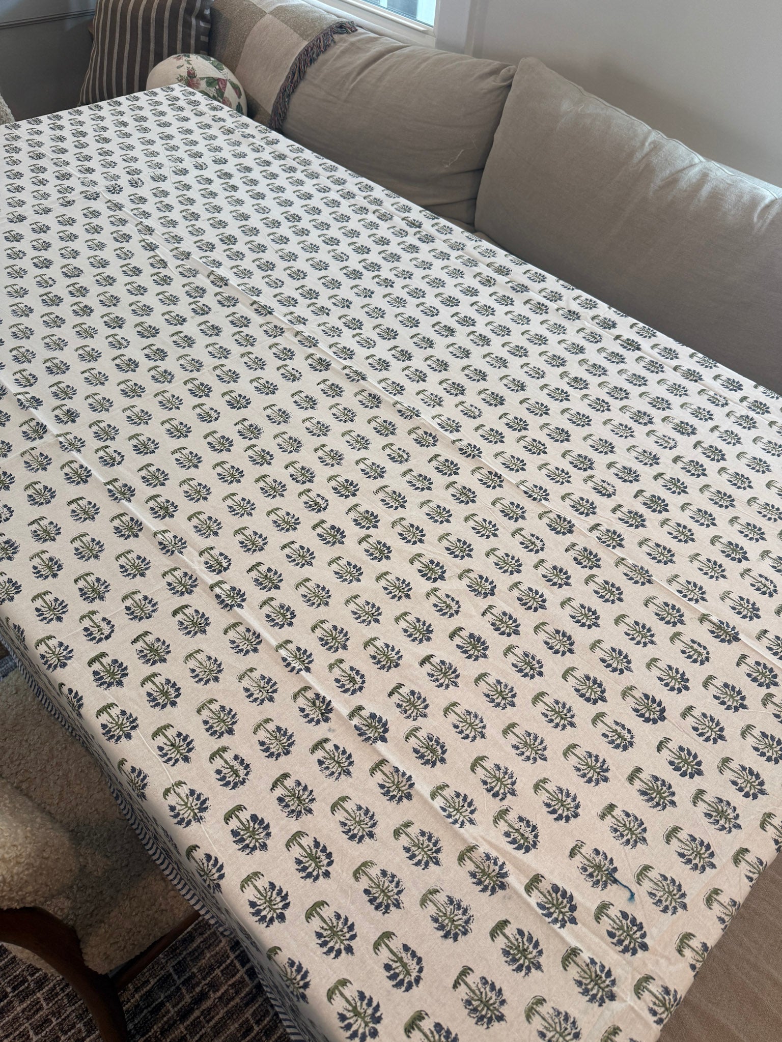 Indigo and Olive Block-Print Tablecloth