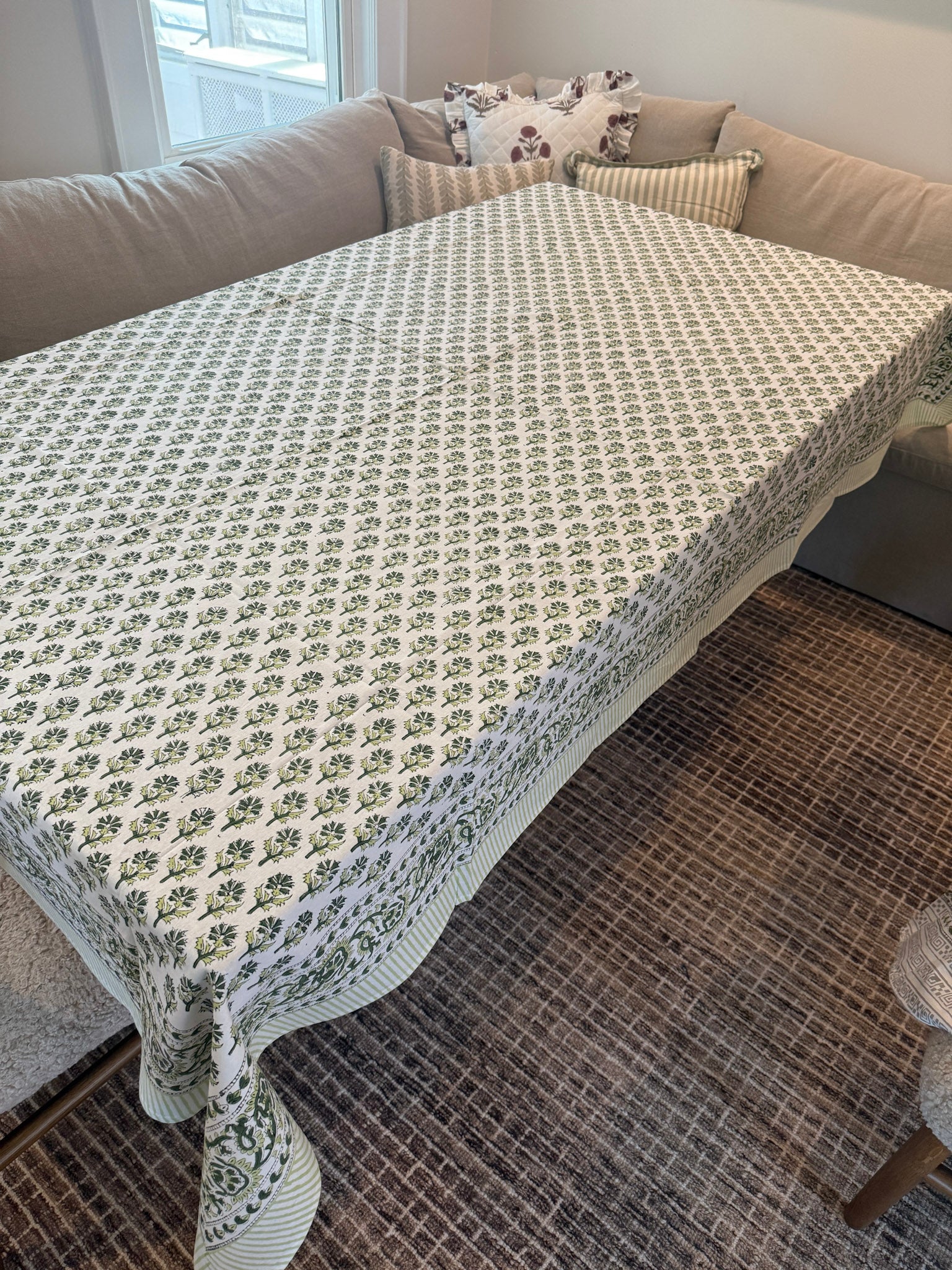 Leafy Block Print Motif Tablecloth Rich Green Tones