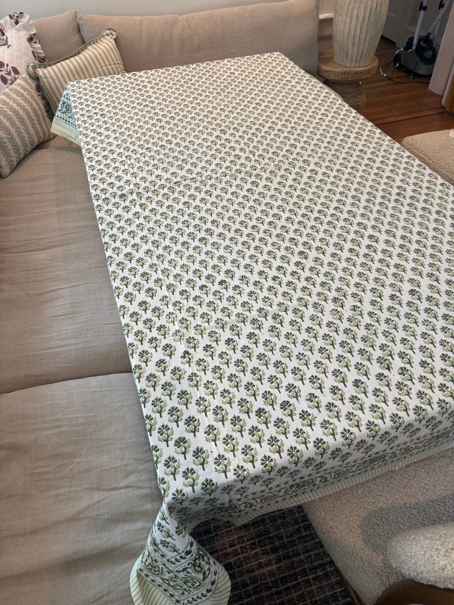 Leafy Block Print Motif Tablecloth Rich Green Tones