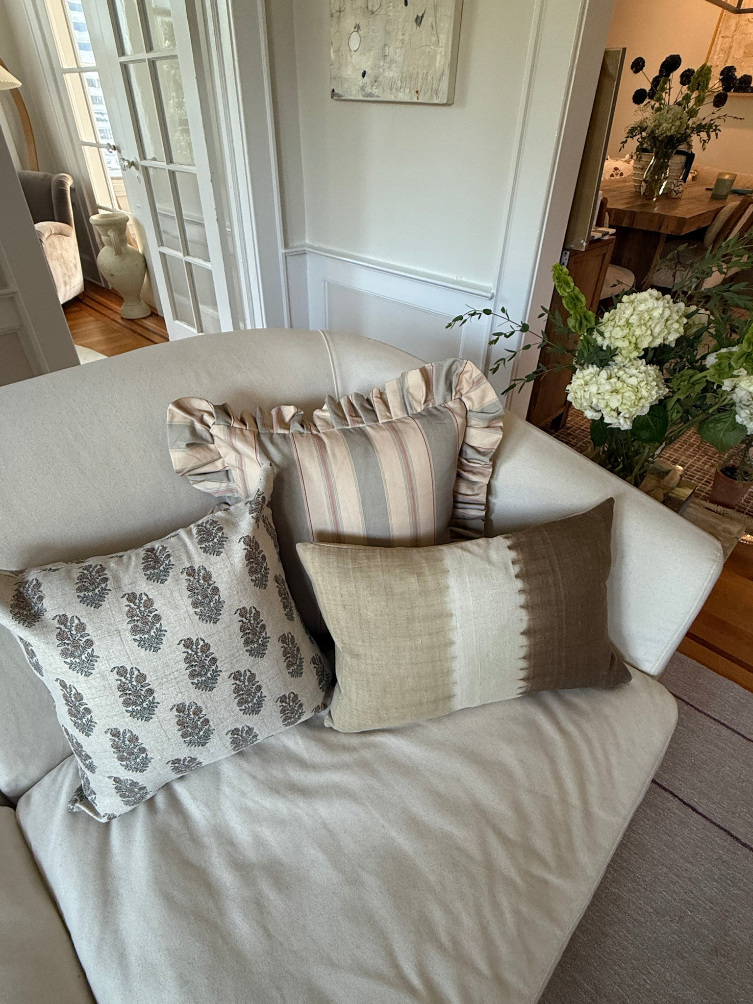 Olive and Sage Striped-Ruffle Pillow Cover 18x18in