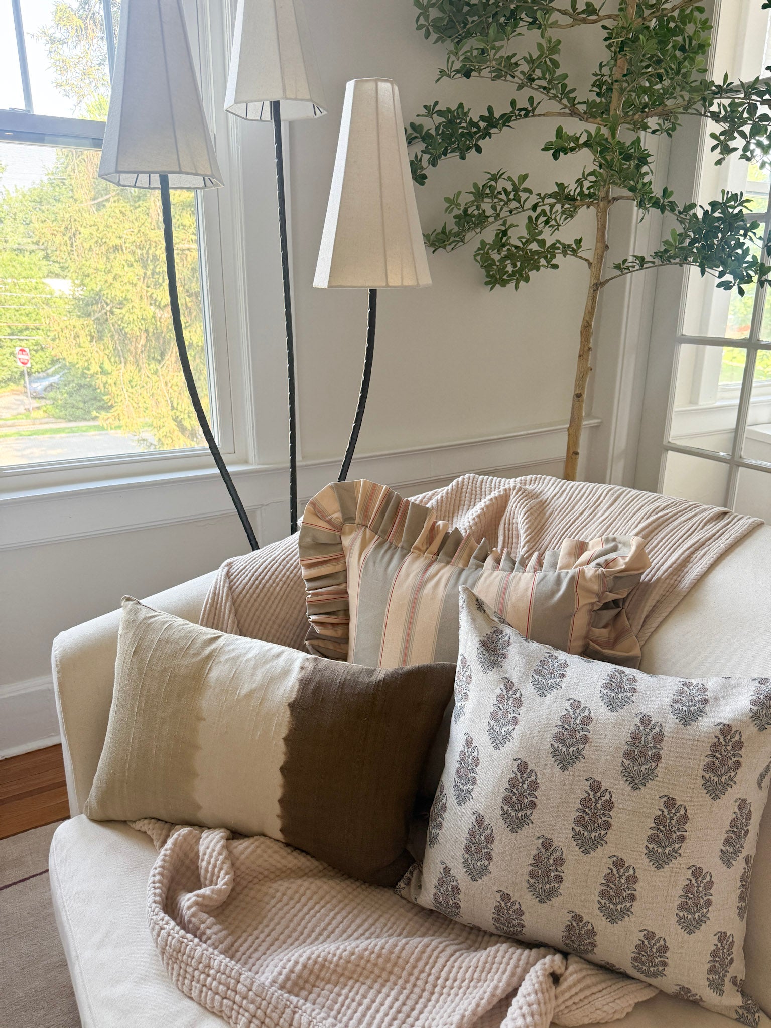 Olive and Sage Striped-Ruffle Pillow Cover 18x18in