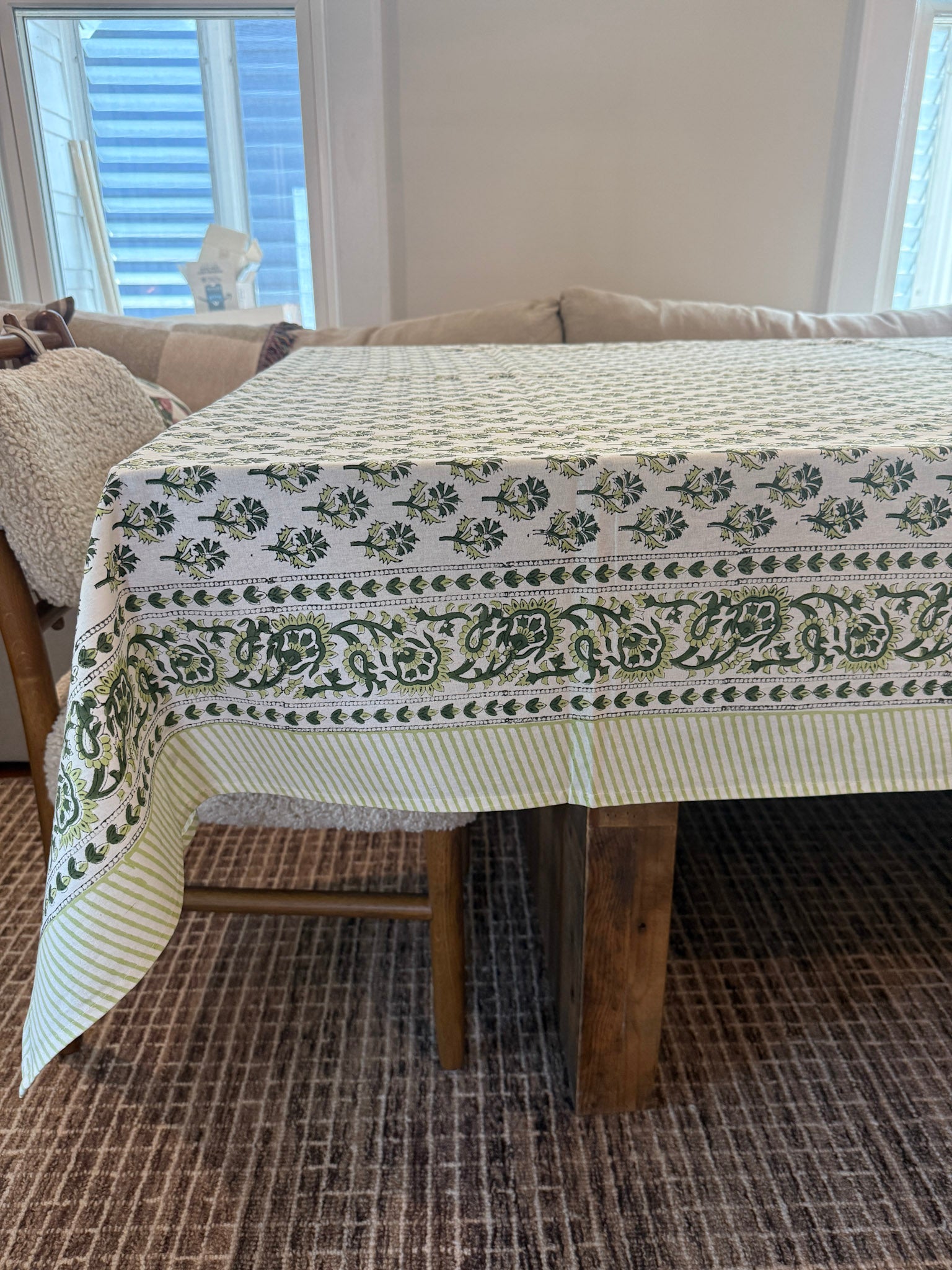 Leafy Block Print Motif Tablecloth Rich Green Tones