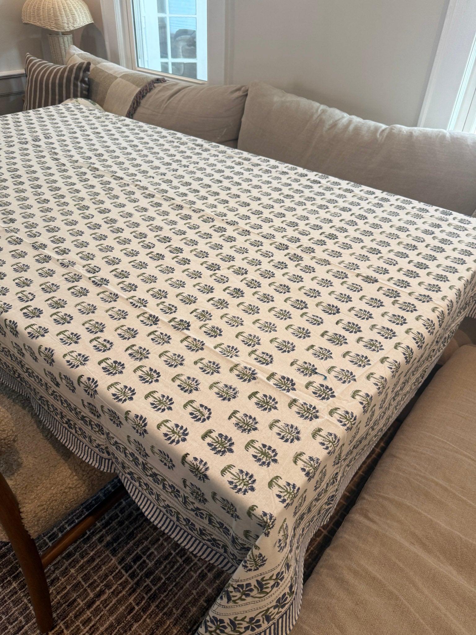 Indigo and Olive Block-Print Tablecloth