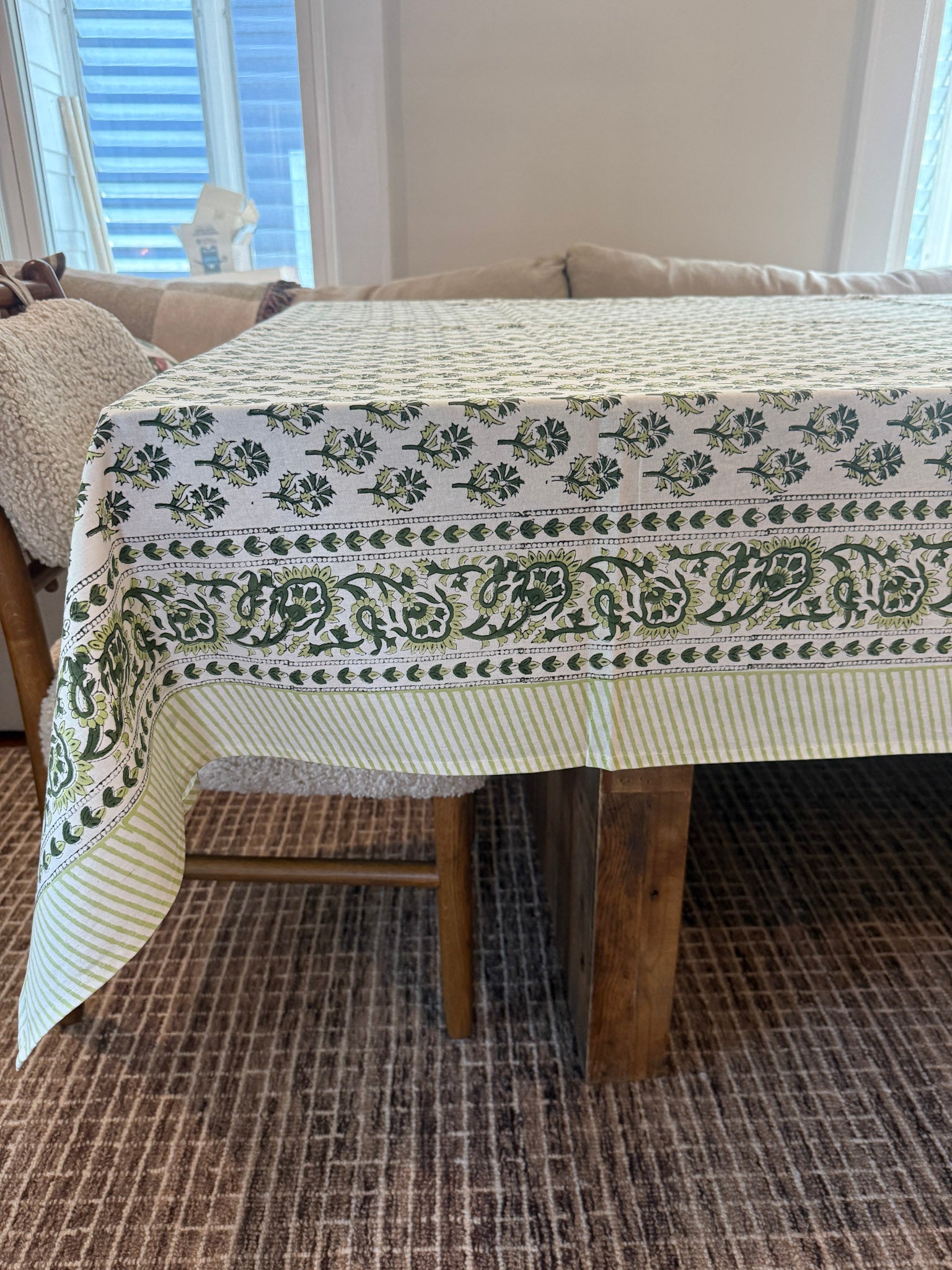 Leafy Block Print Motif Tablecloth Rich Green Tones