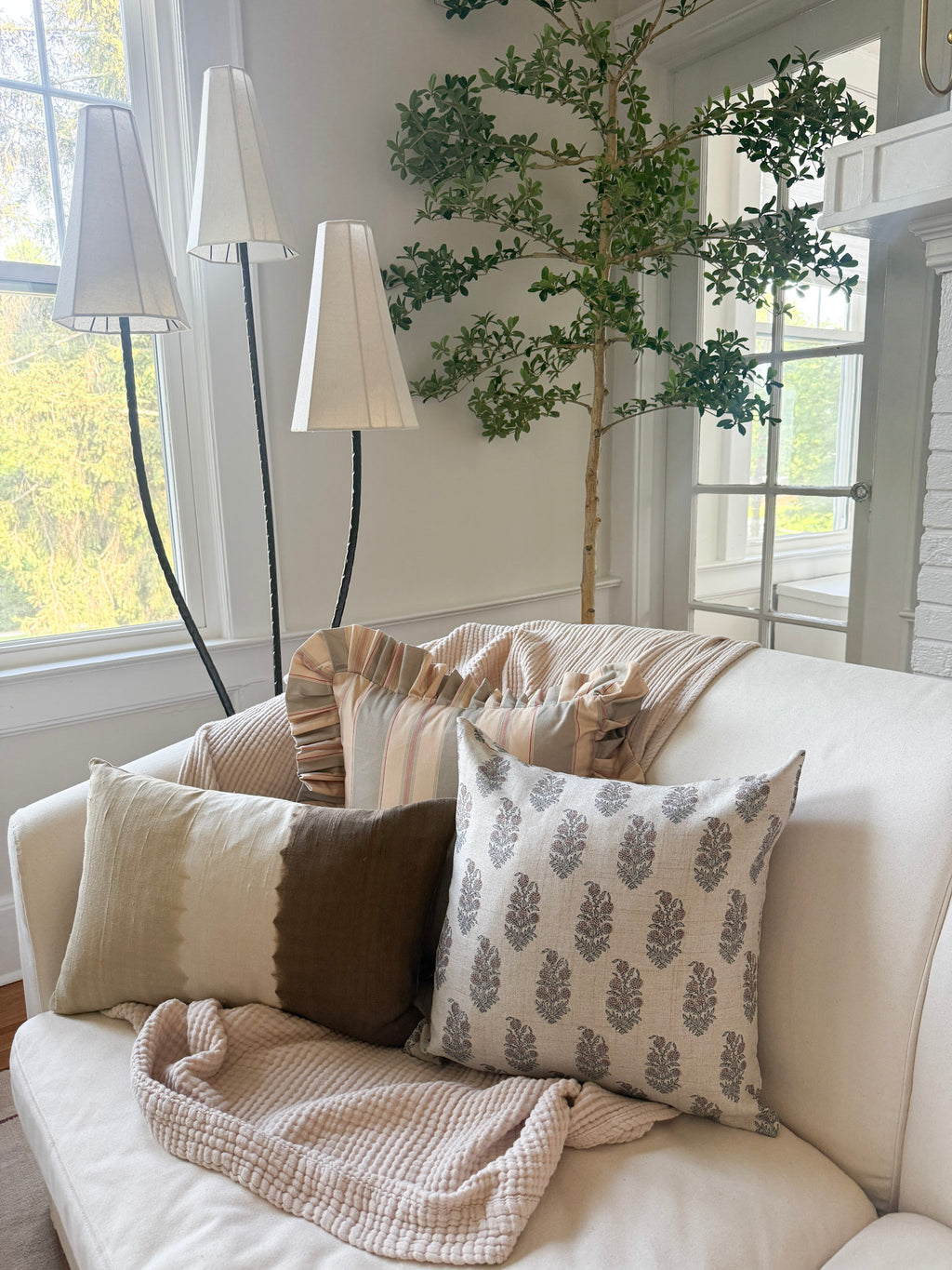 Olive and Sage Striped-Ruffle Pillow Cover 18x18in