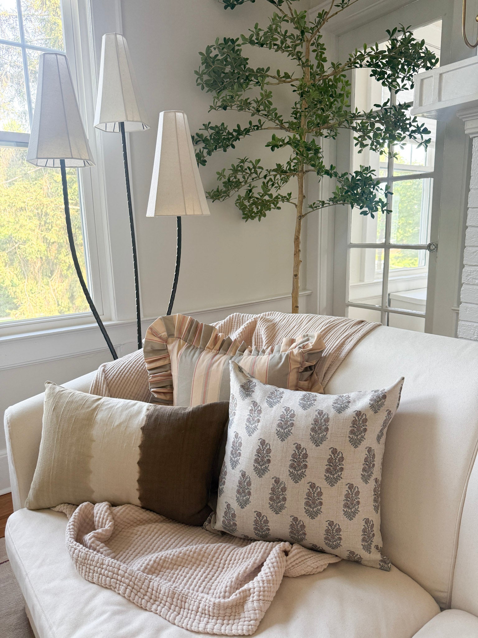 Olive and Sage Striped-Ruffle Pillow Cover 18x18in