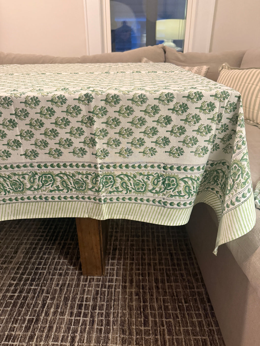 Ligher Green Floral Motif Block Print Tablecloth