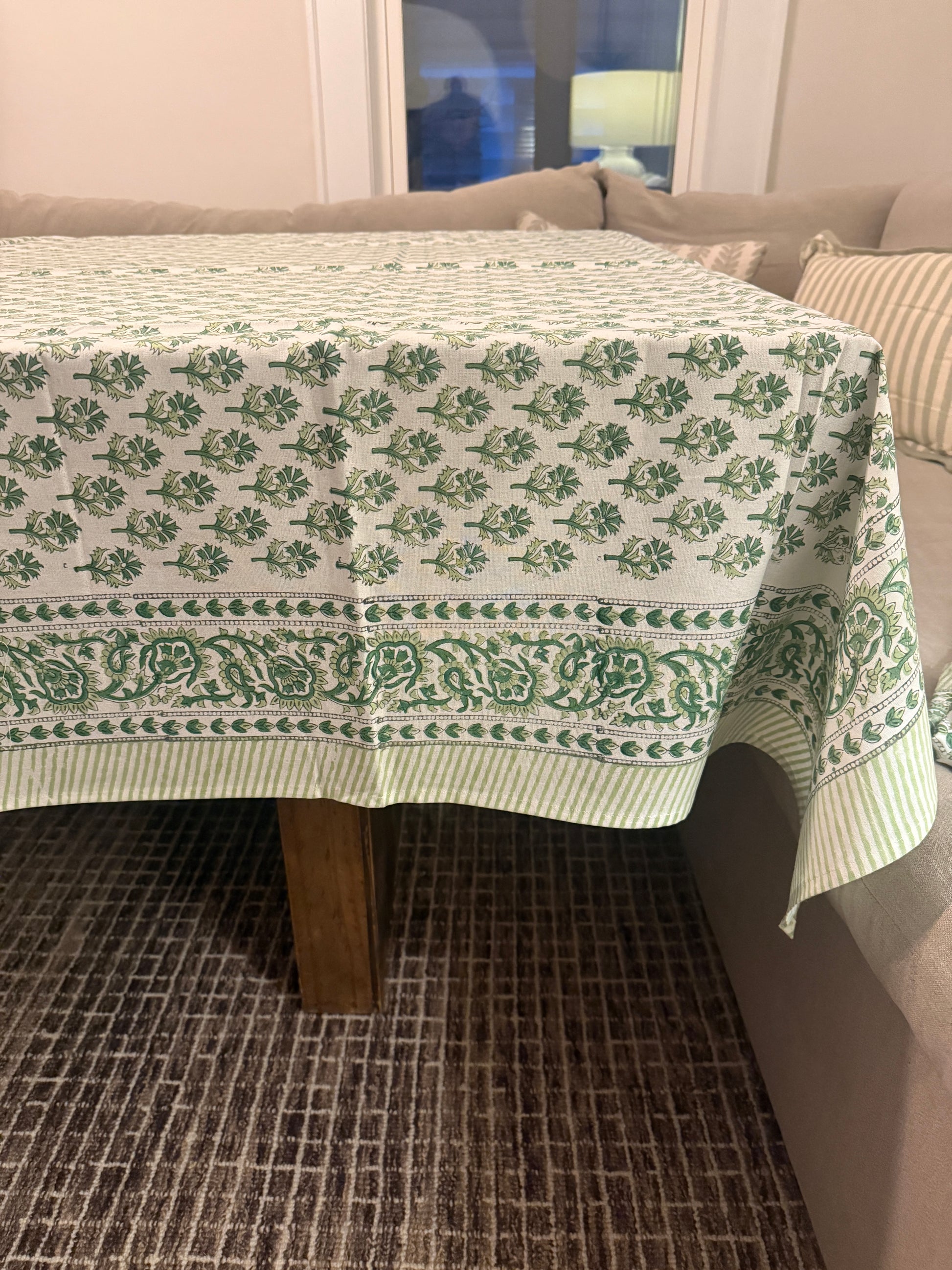 Ligher Green Floral Motif Block Print Tablecloth