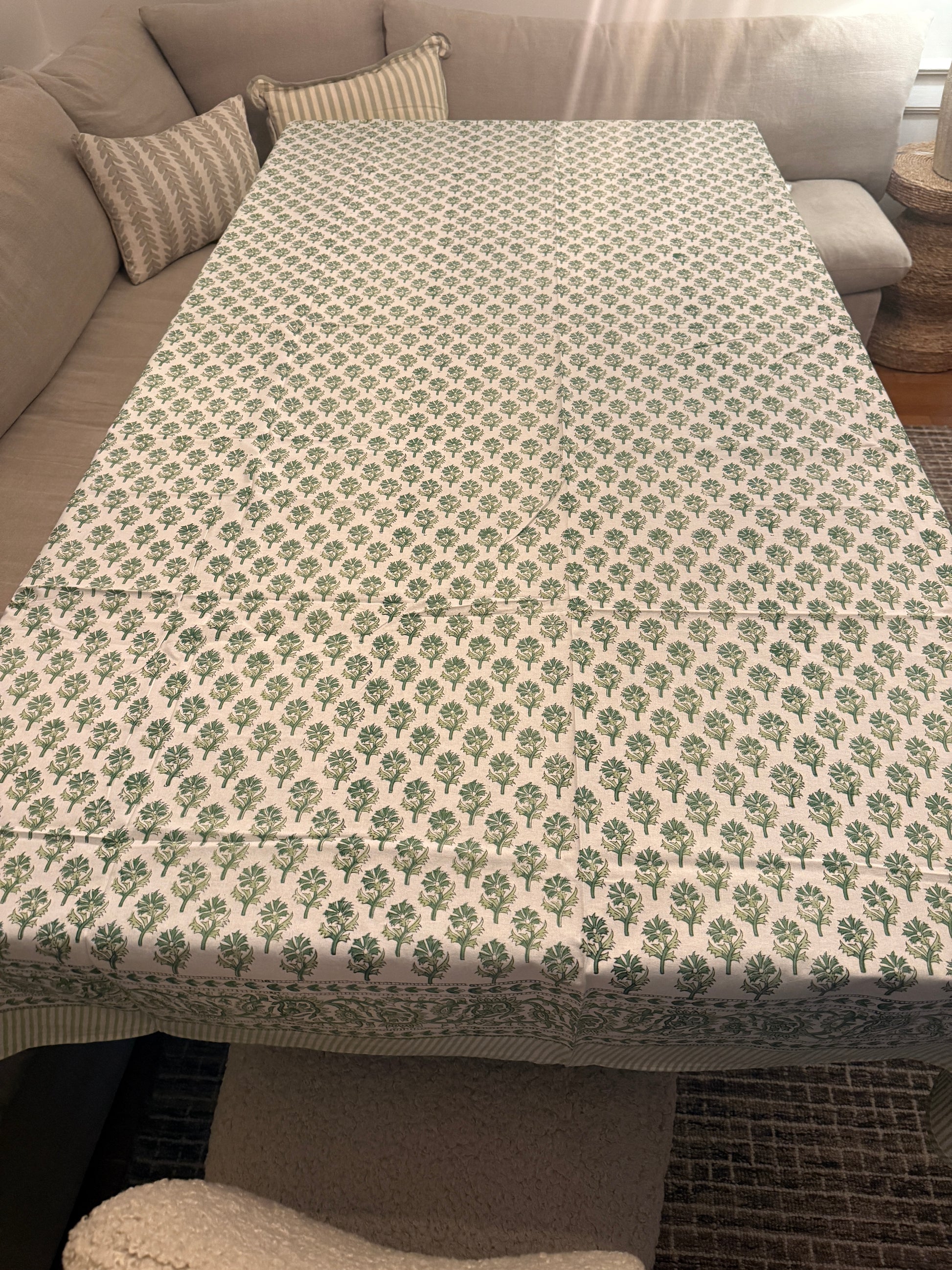 Ligher Green Floral Motif Block Print Tablecloth