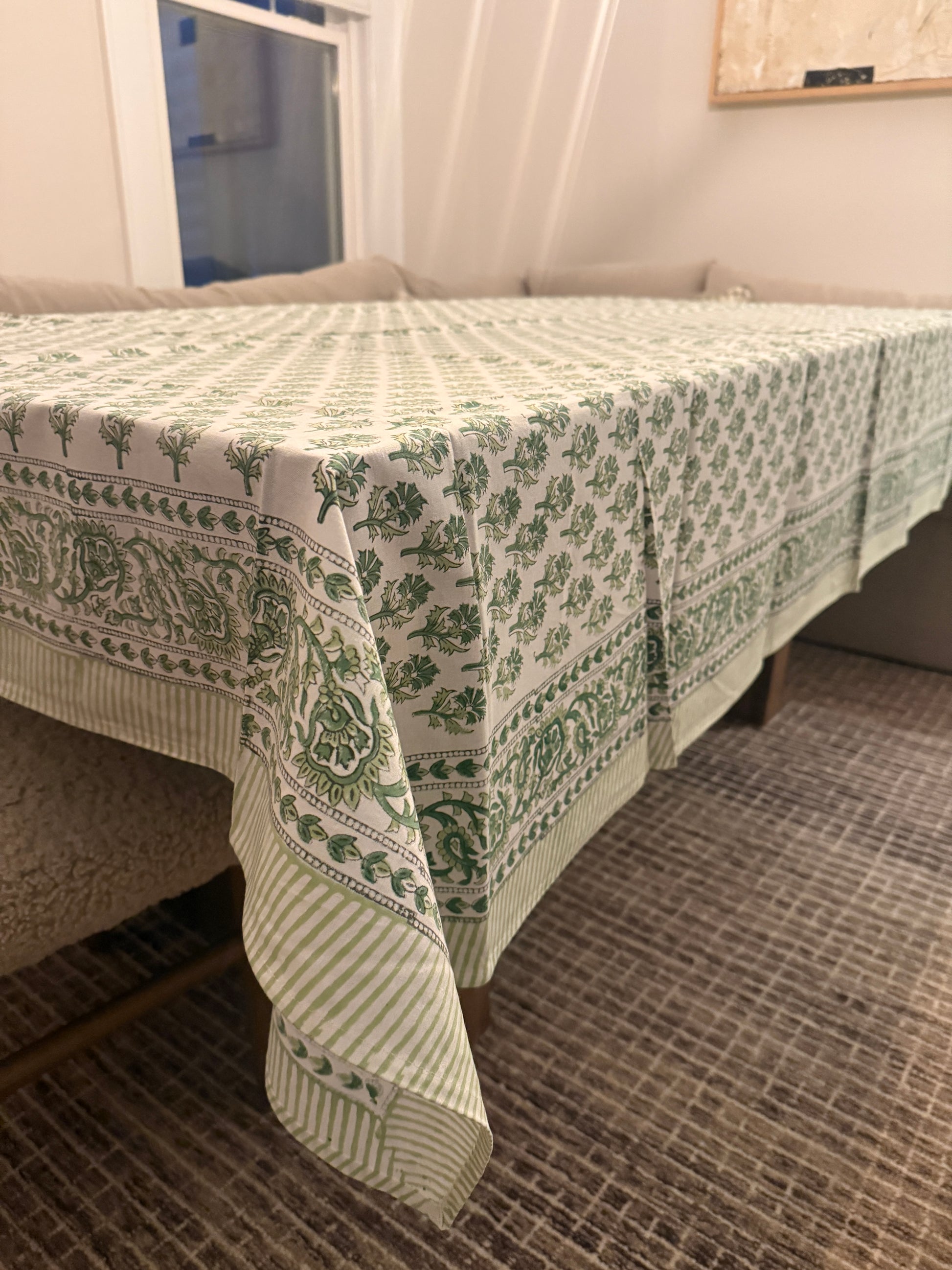Ligher Green Floral Motif Block Print Tablecloth